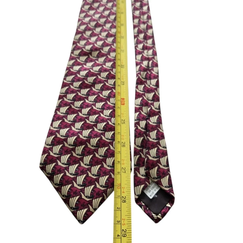 Boxtree Company 100% Silk Tie Fish Nautical Boats Made USA Novelty Burgundy Bold